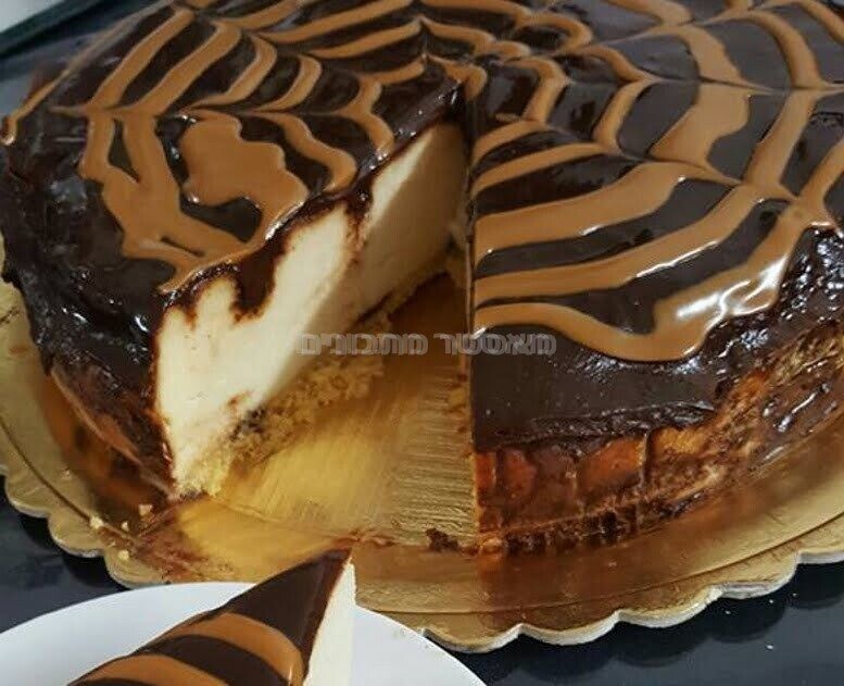 עוגת גבינה עם פתיתי שוקולד וציפוי גנאש שוקולד מריר